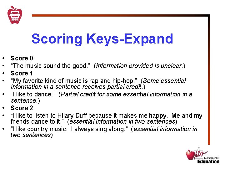 Scoring Keys-Expand • • Score 0 “The music sound the good. ” (Information provided