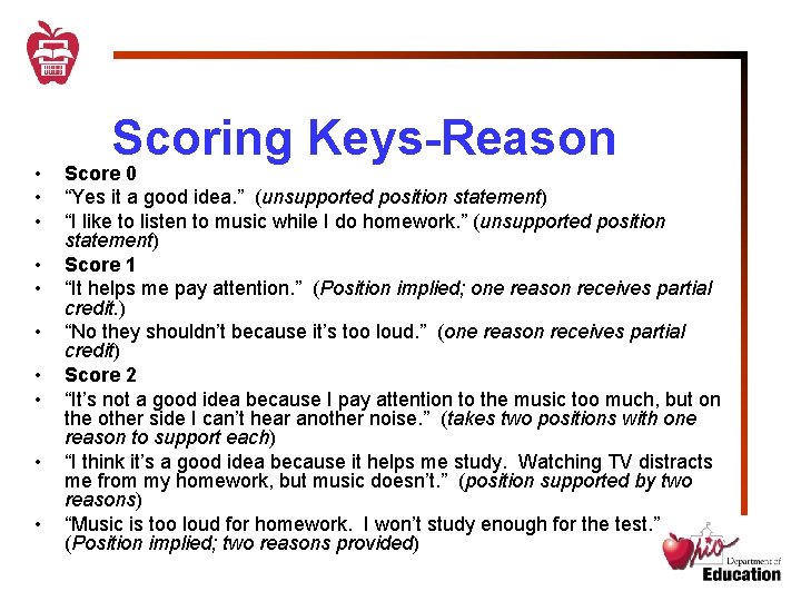  • • • Scoring Keys-Reason Score 0 “Yes it a good idea. ”