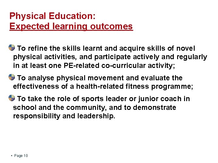 Physical Education: Expected learning outcomes To refine the skills learnt and acquire skills of