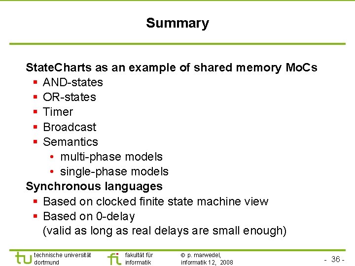 Summary State. Charts as an example of shared memory Mo. Cs § AND-states §