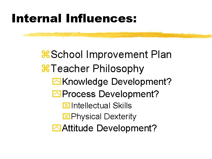 Internal Influences: z. School Improvement Plan z. Teacher Philosophy y. Knowledge Development? y. Process