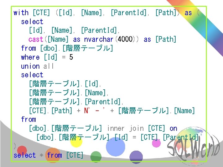 with [CTE] ([Id], [Name], [Parent. Id], [Path]) as ( select [Id], [Name], [Parent. Id],