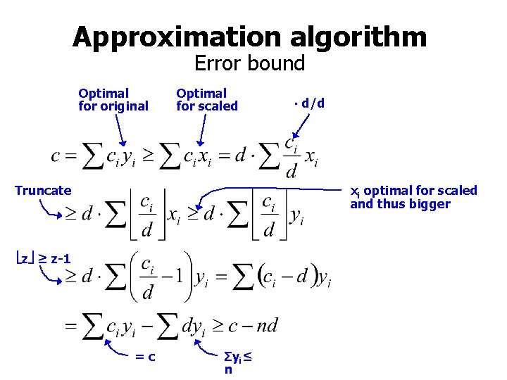 Approximation algorithm Error bound Optimal for original Optimal for scaled Truncate ∙ d/d xi