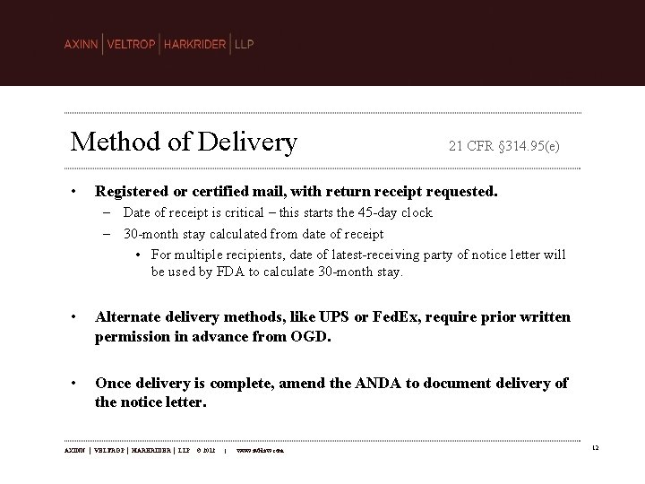 Method of Delivery • 21 CFR § 314. 95(e) Registered or certified mail, with