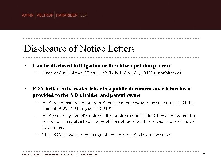 Disclosure of Notice Letters • Can be disclosed in litigation or the citizen petition