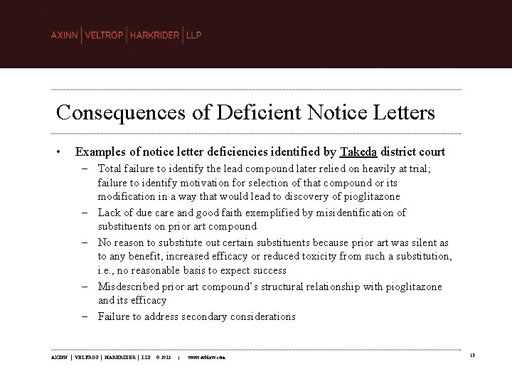 Consequences of Deficient Notice Letters • Examples of notice letter deficiencies identified by Takeda