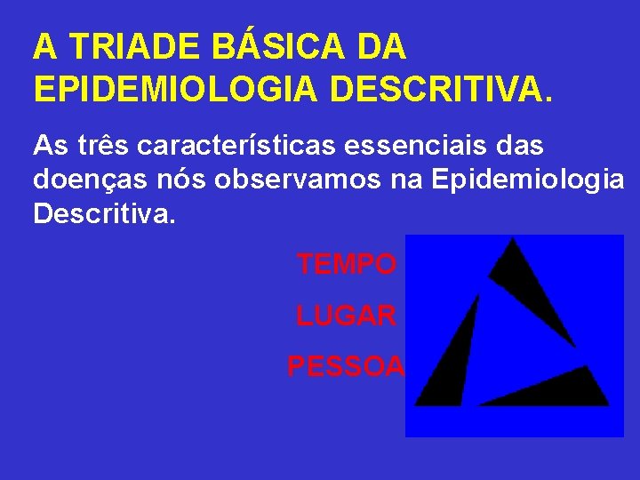 A TRIADE BÁSICA DA EPIDEMIOLOGIA DESCRITIVA. As três características essenciais das doenças nós observamos