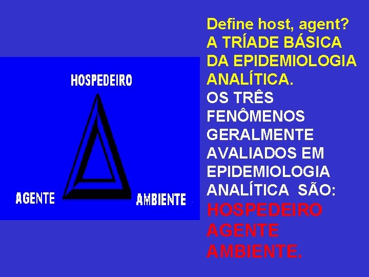 Define host, agent? A TRÍADE BÁSICA DA EPIDEMIOLOGIA ANALÍTICA. OS TRÊS FENÔMENOS GERALMENTE AVALIADOS