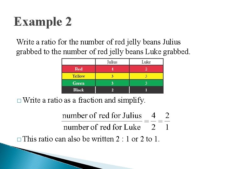 Example 2 Write a ratio for the number of red jelly beans Julius grabbed