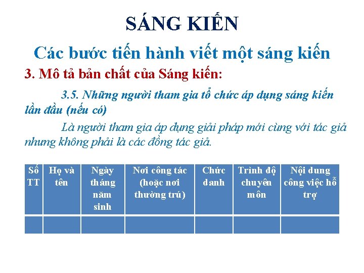 SÁNG KIẾN Các bước tiến hành viết một sáng kiến 3. Mô tả bản