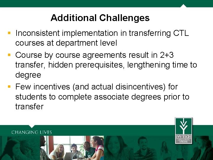 Additional Challenges § Inconsistent implementation in transferring CTL Additional at Challenges courses department level
