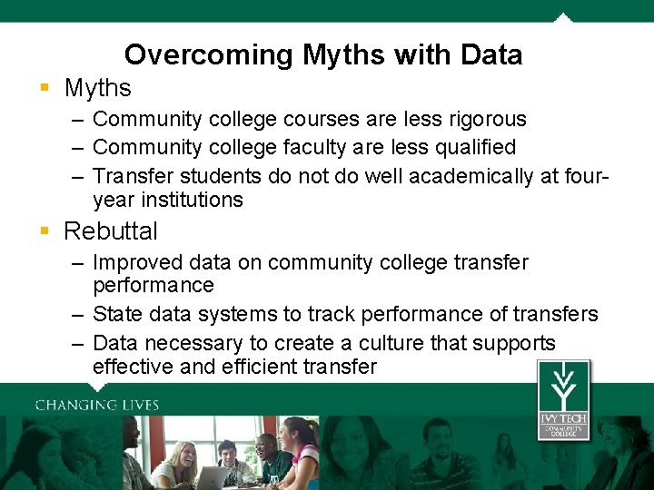 Overcoming Myths with Data § Myths – Community college courses Overcoming Myths with Data