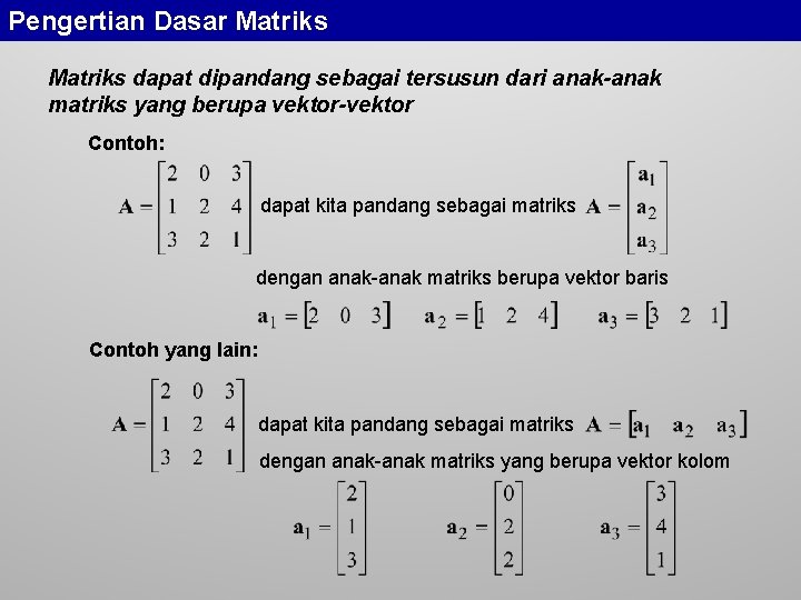 Pengertian Dasar Matriks dapat dipandang sebagai tersusun dari anak-anak matriks yang berupa vektor-vektor Contoh: