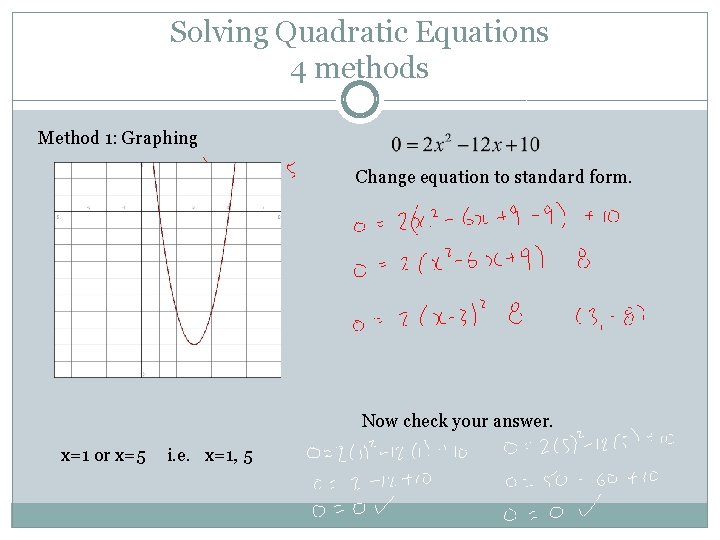 Solving Quadratic Equations 4 methods Method 1: Graphing Change equation to standard form. Now