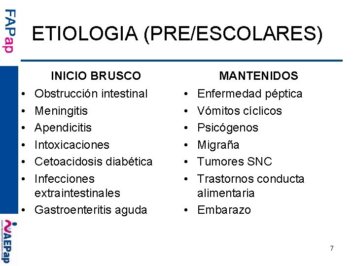 ETIOLOGIA (PRE/ESCOLARES) INICIO BRUSCO • • • Obstrucción intestinal Meningitis Apendicitis Intoxicaciones Cetoacidosis diabética