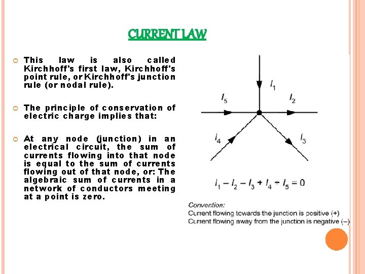 CURRENT LAW This law is also called Kirchhoff's first law, Kirchhoff's point rule, or