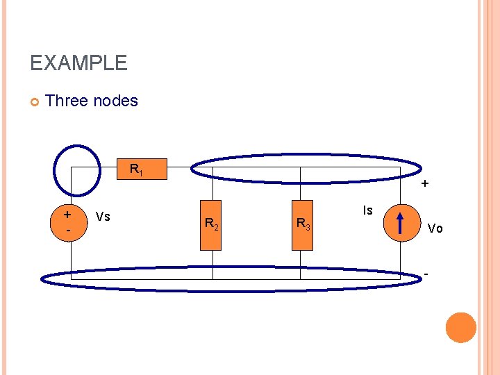 EXAMPLE Three nodes R 1 + - Vs + R 2 R 3 Is