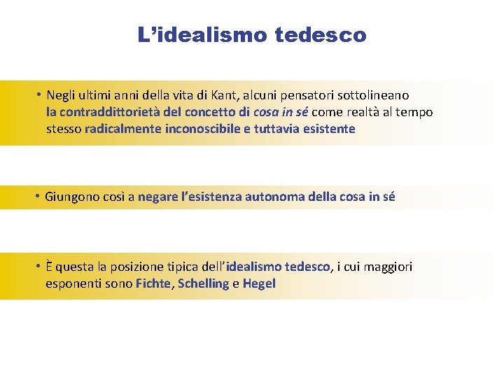 L’idealismo tedesco • Negli ultimi anni della vita di Kant, alcuni pensatori sottolineano la