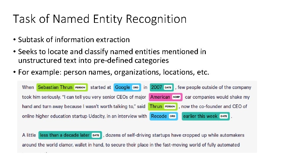 Task of Named Entity Recognition • Subtask of information extraction • Seeks to locate