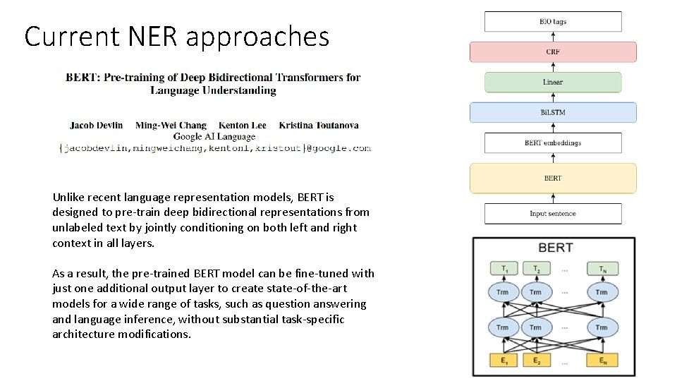 Current NER approaches Unlike recent language representation models, BERT is designed to pre-train deep