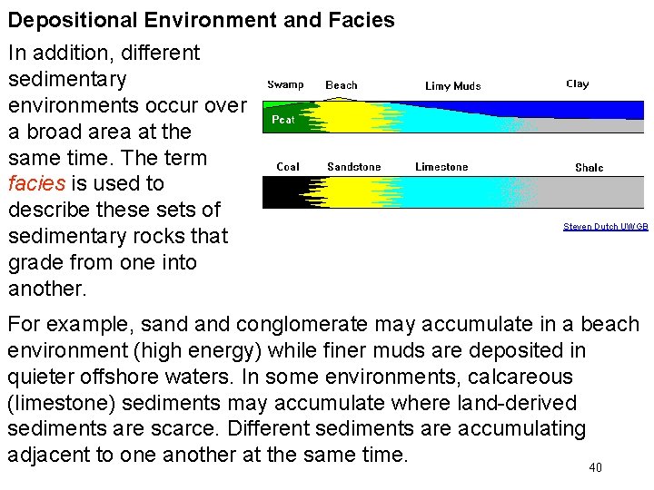 Depositional Environment and Facies In addition, different sedimentary environments occur over a broad area Depositional Environment and Facies In addition, different sedimentary environments occur over a broad area