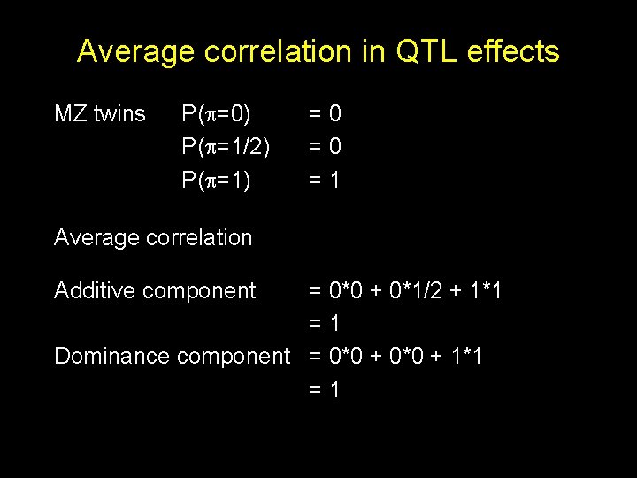 Average correlation in QTL effects MZ twins P( =0) P( =1/2) P( =1) =0