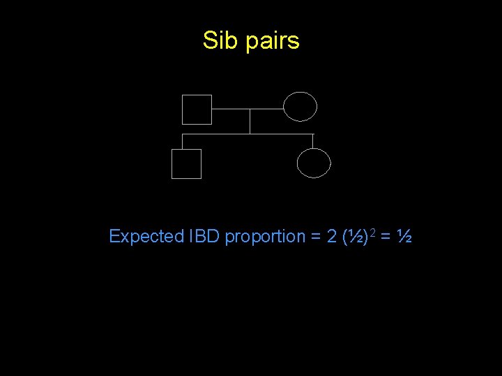 Sib pairs Expected IBD proportion = 2 (½)2 = ½ 