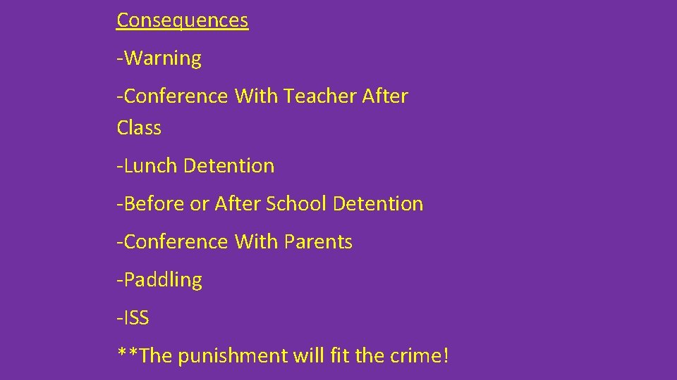 Consequences -Warning -Conference With Teacher After Class -Lunch Detention -Before or After School Detention