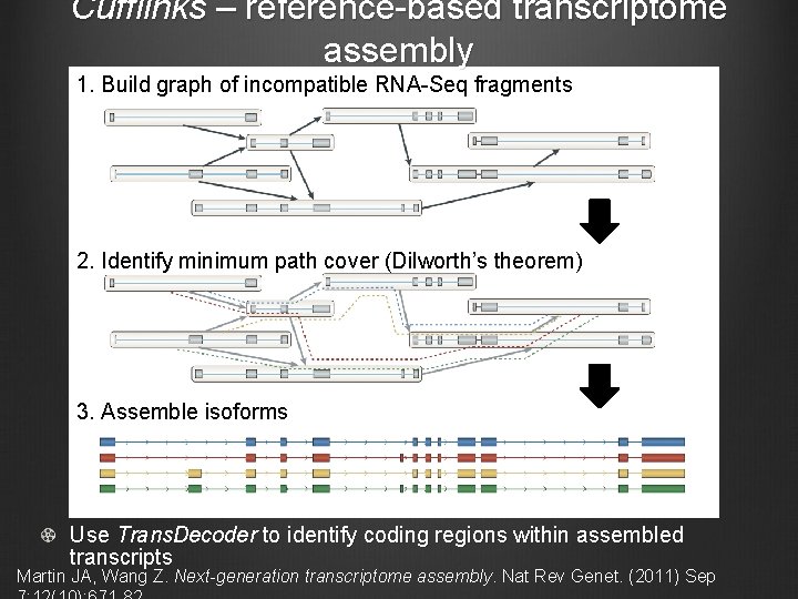 Cufflinks – reference-based transcriptome assembly 1. Build graph of incompatible RNA-Seq fragments 2. Identify