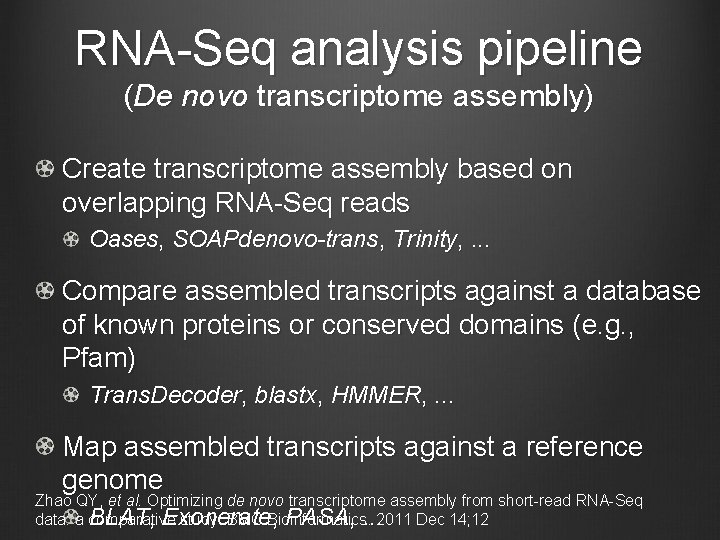 RNA-Seq analysis pipeline (De novo transcriptome assembly) Create transcriptome assembly based on overlapping RNA-Seq