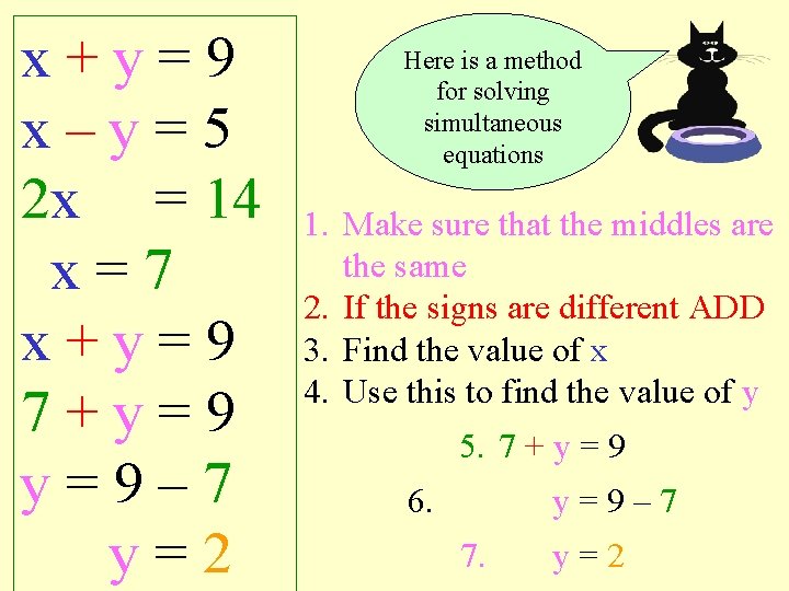 x+y=9 x–y=5 2 x = 14 x=7 x+y=9 7+y=9 y=9– 7 y=2 Here is