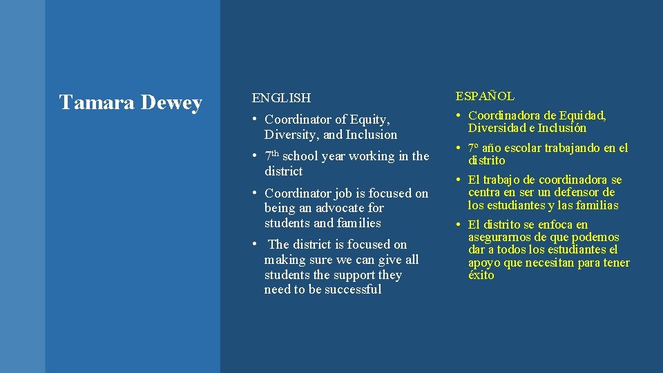 Tamara Dewey ENGLISH • Coordinator of Equity, Diversity, and Inclusion • 7 th school