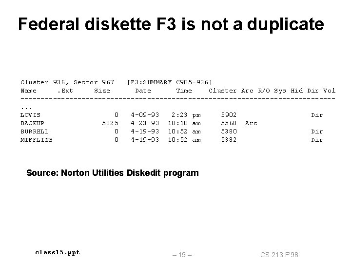 Federal diskette F 3 is not a duplicate Cluster 936, Sector 967 [F 3: