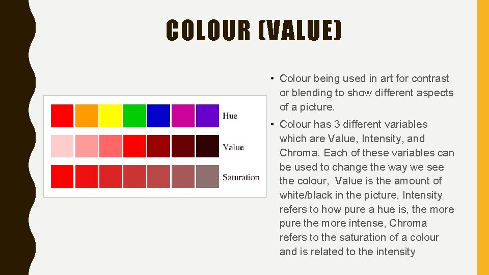 COLOUR (VALUE) • Colour being used in art for contrast or blending to show