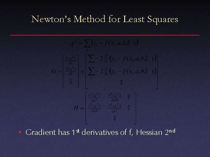 Newton’s Method for Least Squares • Gradient has 1 st derivatives of f, Hessian