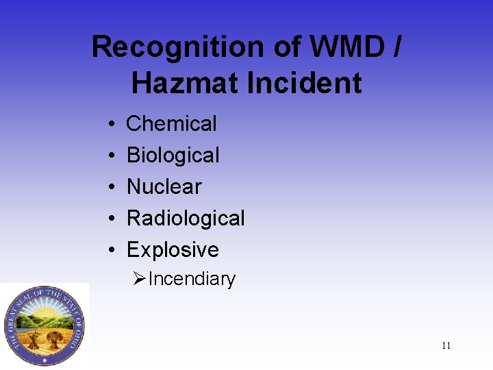 Recognition of WMD / Hazmat Incident • • • Chemical Biological Nuclear Radiological Explosive