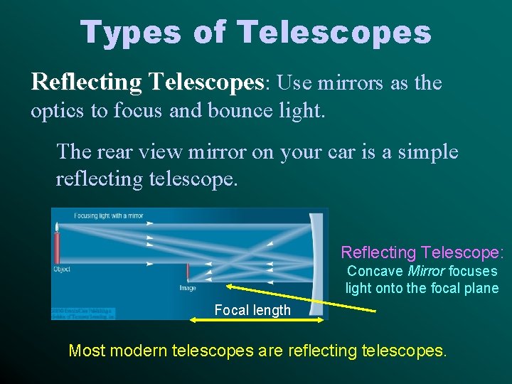 Types of Telescopes Reflecting Telescopes: Use mirrors as the optics to focus and bounce