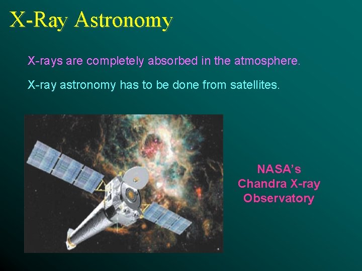 X-Ray Astronomy X-rays are completely absorbed in the atmosphere. X-ray astronomy has to be