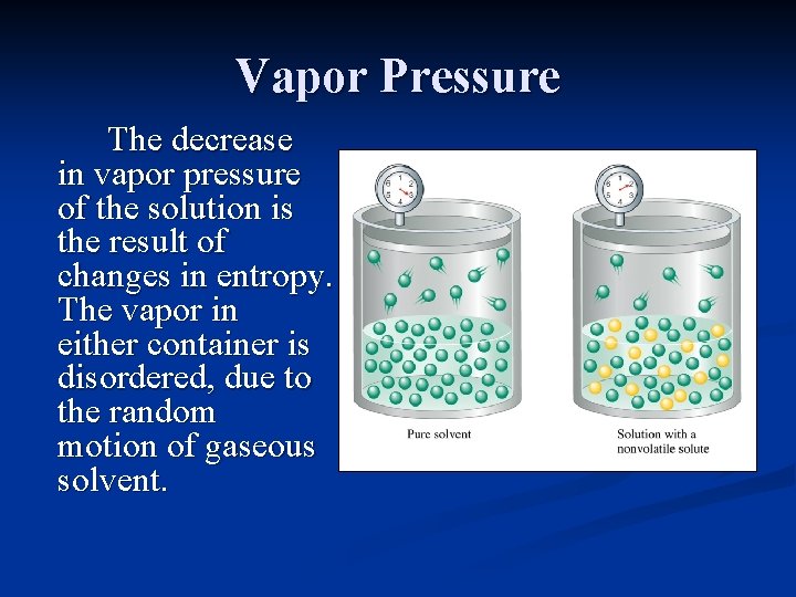 Vapor Pressure The decrease in vapor pressure of the solution is the result of