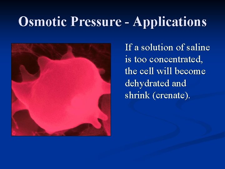 Osmotic Pressure - Applications If a solution of saline is too concentrated, the cell