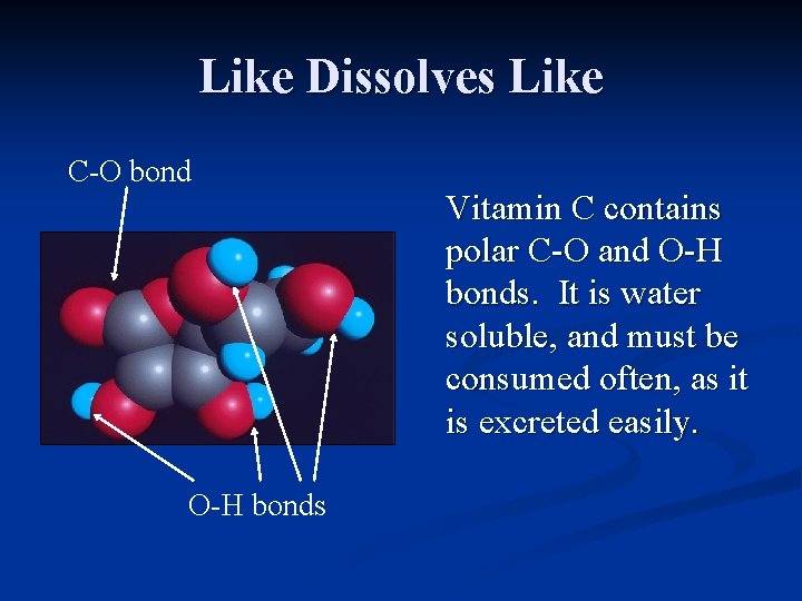 Like Dissolves Like C-O bond O-H bonds Vitamin C contains polar C-O and O-H