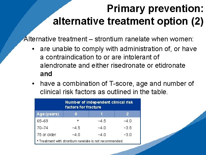 Primary prevention: alternative treatment option (2) Alternative treatment – strontium ranelate when women: •