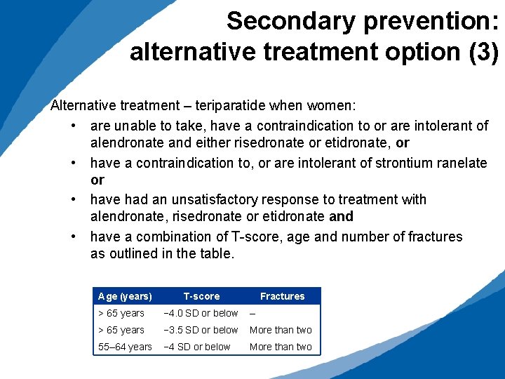 Secondary prevention: alternative treatment option (3) Alternative treatment – teriparatide when women: • are