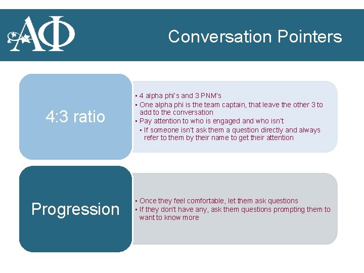 Conversation Pointers 4: 3 ratio Progression • 4 alpha phi’s and 3 PNM’s •
