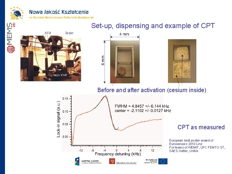 Set-up, dispensing and example of CPT laser Before and after activation (cesium inside) CPT
