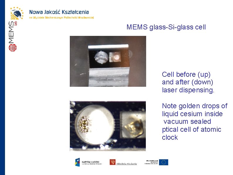 MEMS glass-Si-glass cell Cell before (up) and after (down) laser dispensing. Note golden drops