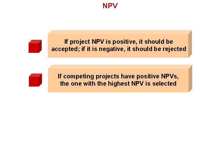 NPV If project NPV is positive, it should be accepted; if it is negative,
