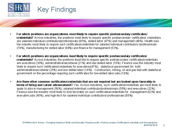 Key Findings • For which positions are organizations most likely to require specific postsecondary