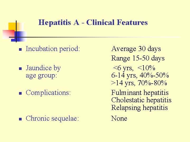 Hepatitis A - Clinical Features n n Incubation period: Jaundice by age group: n