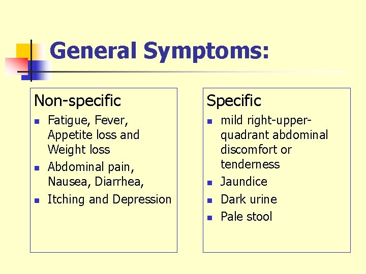 General Symptoms: Non-specific n n n Fatigue, Fever, Appetite loss and Weight loss Abdominal